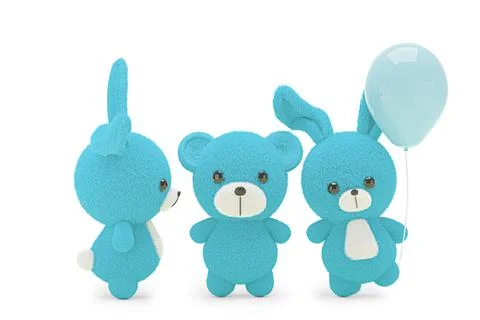 3d render illustration of a cute stuffed toy bear and rabbits on white backgr 스톡 일러스트