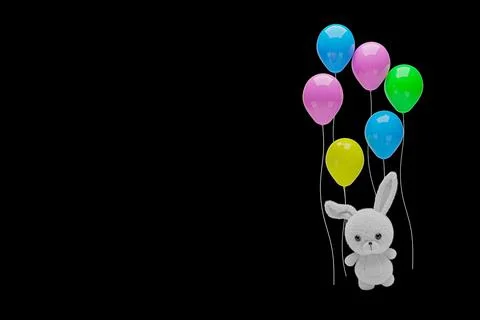 3d render illustration of a cute stuffed toy rabbit holding balloons on black 스톡 일러스트