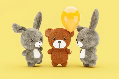 3d render illustration of a cute stuffed toy bear and rabbits on yellow backg Illustrazione stock