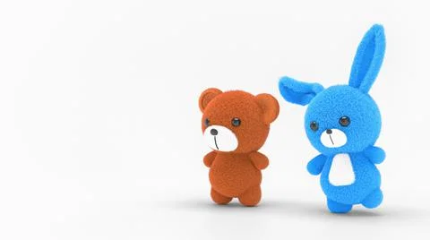 3d render illustration of a cute stuffed toy bear and rabbit on white backgro Stock Illustration