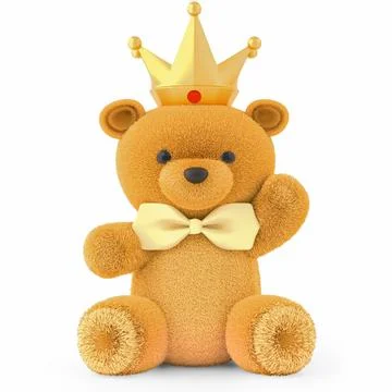 3d render illustration of a cute stuffed toy bear with gold crown on white ba イラスト素材