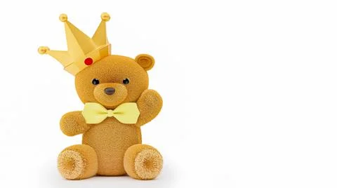3d render illustration of a cute stuffed toy bear with gold crown on white ba 스톡 일러스트