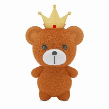 3d render illustration of a cute stuffed toy bear with gold crown on white ba Illustrazione stock