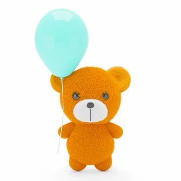 3d render illustration of a cute stuffed bear and a blue balloon white backgr Stockillustratie