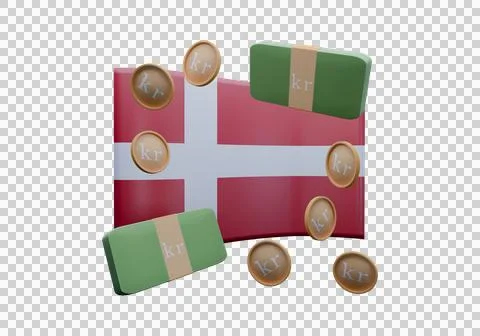 3D render illustration of Denmark flag and currency called Krone Illustrazione stock