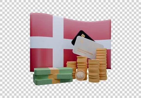3D render illustration of Denmark flag and currency called Krone Stock Illustration