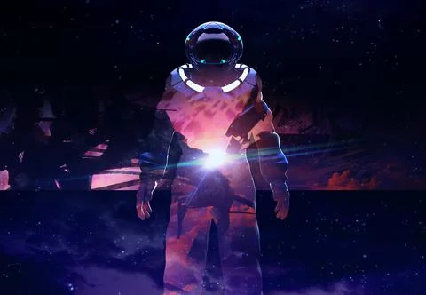 3d render illustration of double exposure astronaut in suit on planet. 스톡 일러스트