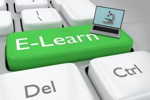 3D render illustration of E-learning button key on a metal white keyboard Stock Illustration