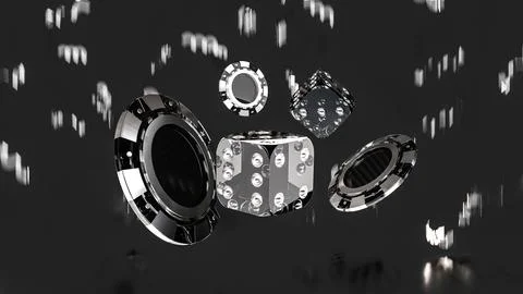 3D render illustration of falling golden poker chips, tokens, dice, playing card 库存插图