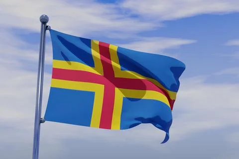 3D render illustration of a flag of Aland Islands with chrome pole in blue sky w Stock Illustration