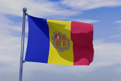 3D render illustration of a flag of Andorra with chrome pole in blue sky waving Stock Illustration