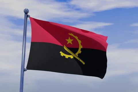 3D render illustration of a flag of Angola with chrome pole in blue sky waving i Stock Illustration
