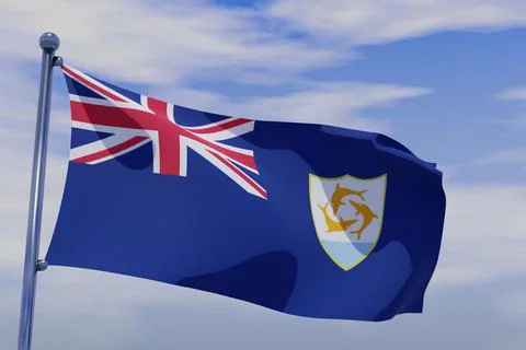 3D render illustration of a flag of Anguilla with chrome pole in blue sky waving Stock Illustration