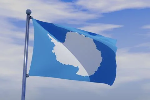 3D render illustration of a flag of Antarctica with chrome pole in blue sky wavi Stock Illustration
