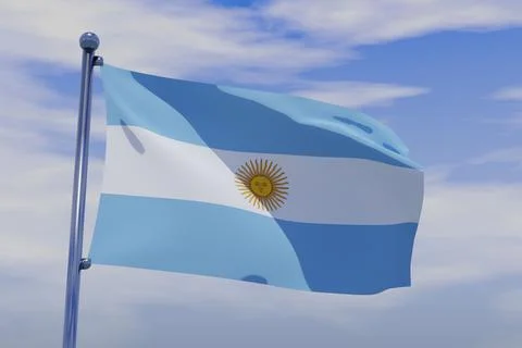 3D render illustration of a flag of Argentina with chrome pole in blue sky wavin Stock Illustration