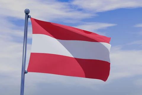 3D render illustration of a flag of Austria with chrome pole in blue sky waving Stock Illustration
