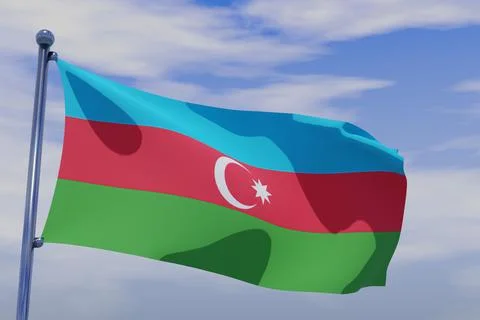 3D render illustration of a flag of Azerbaijan with chrome pole in blue sky wavi Stock Illustration