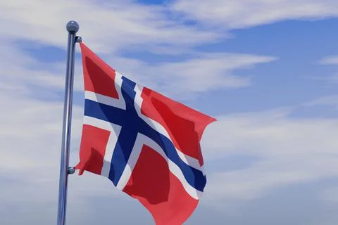 3D render illustration of a flag of Bouvet Island with chrome pole in blue sky w Stock Illustration