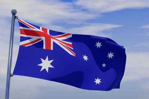 3D render illustration of a flag of Britain with chrome pole in blue sky waving Stock Illustration