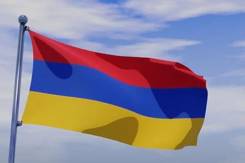 3D render illustration of a flag of with chrome pole in blue sky waving in the w Stock Illustration