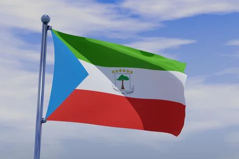 3D render illustration of a flag of Equatorial Guinea with chrome pole in blue s Stock Illustration