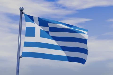 3D render illustration of a flag of Greece with chrome pole in blue sky waving i Illustrazione stock