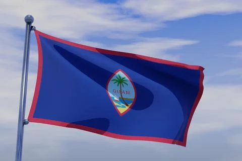 3D render illustration of a flag of Guam with chrome pole in blue sky waving in 스톡 일러스트