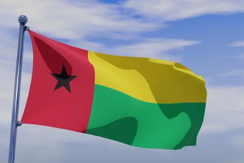 3D render illustration of a flag of Guinea-Bissau with chrome pole in blue sky w Illustrazione stock