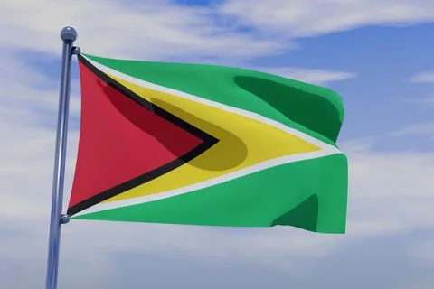 3D render illustration of a flag of Guyana with chrome pole in blue sky waving i Stock Illustration