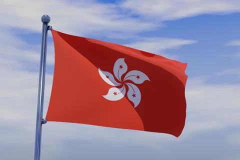 3D render illustration of a flag of Hong Kong with chrome pole in blue sky wavin イラスト素材