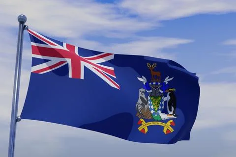 3D render illustration of a flag of South Georgia with chrome pole in blue sky w Stock Illustration