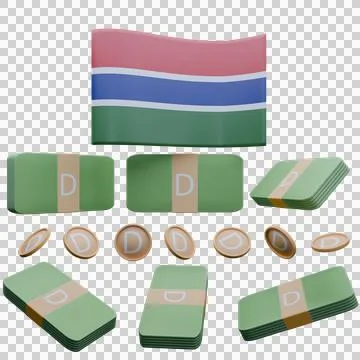 3D render illustration of Gambia flag and currency called Dalasi Stock Illustration