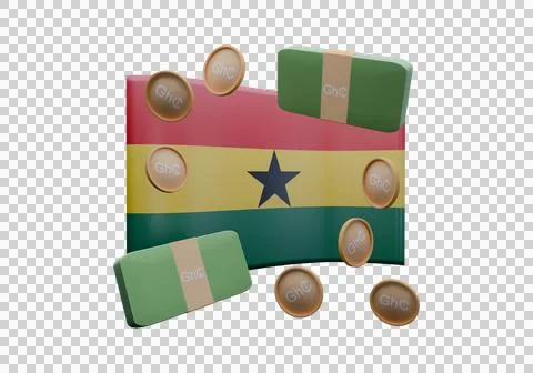 3D render illustration of Ghana flag and currency called Cedi Stock Illustration