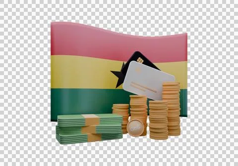 3D render illustration of Ghana flag and currency called Cedi Stock Illustration
