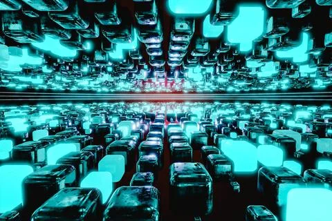 3D render illustration of glass cubes with neon illumination Illustrazione stock