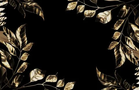 3d render illustration of golden leaf branches on black background. Stock Illustration