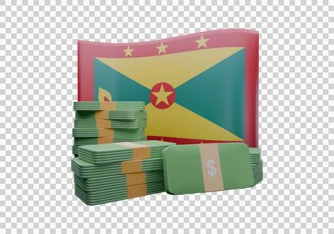 3D render illustration of Grenada flag and currency called East Caribbean D.. Illustrazione stock