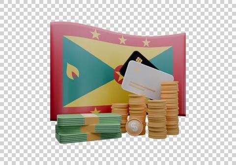 3D render illustration of Grenada flag and currency called East Caribbean D.. Stock Illustration