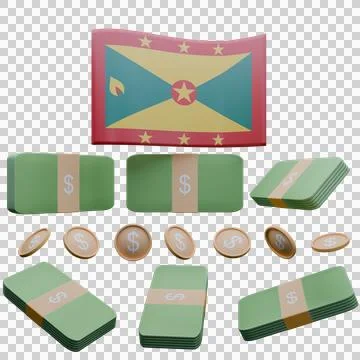 3D render illustration of Grenada flag and currency called East Caribbean D.. Illustrazione stock