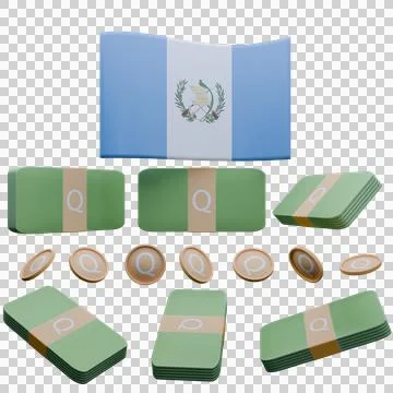 3D render illustration of Guatemala flag and currency called Quetzal Stock Illustration