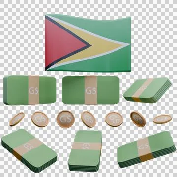 3D render illustration of Guyana flag and currency called Guyanese Dollar Illustrazione stock
