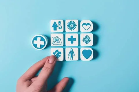  3d render, illustration hand reaching for an icon with a blue health symb... Stock Photos
