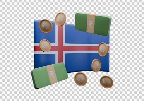 3D render illustration of Iceland flag and currency called Krona Stock Illustration