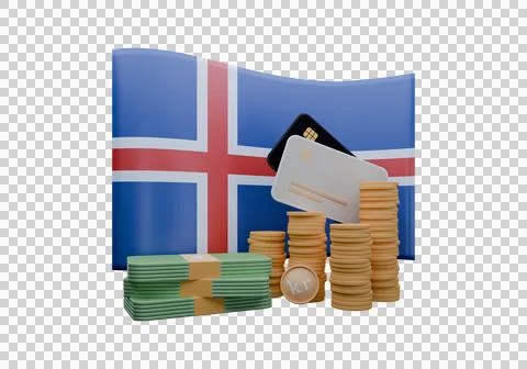 3D render illustration of Iceland flag and currency called Krona Stock-Illustration