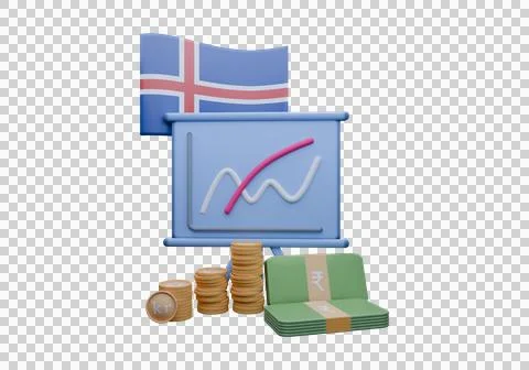 3D render illustration of Iceland flag and currency called Krona Stock Illustration