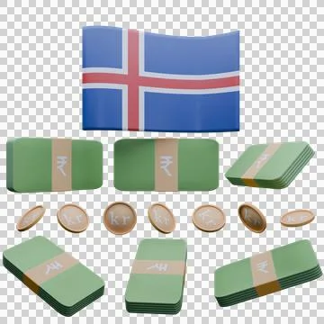 3D render illustration of Iceland flag and currency called Krona Stock-Illustration