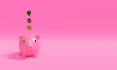 3D render illustration image of pink piggy bank with floating coins with doll Stock Illustration