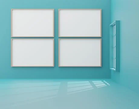 3d render illustration Interior empty room with white picture frame on blue Illustrazione stock