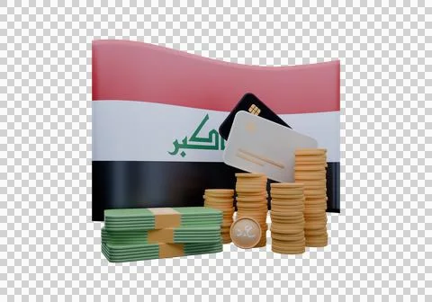 3D render illustration of Iraq flag and currency called Dinar Stock Illustration