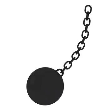 3d render illustration of iron ball connected to metal chain isolated on whit Stock Illustration